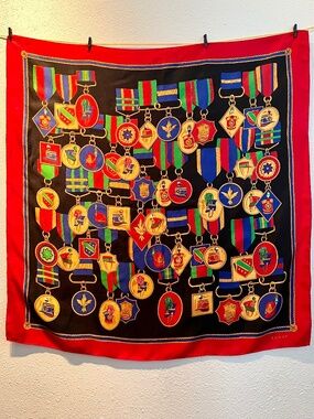 Vintage Echo Silk Scarf Military Medal and Hats, 24" Square, Like New